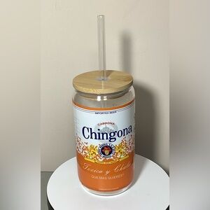 Chingona Orange and White Tumbler with Straw